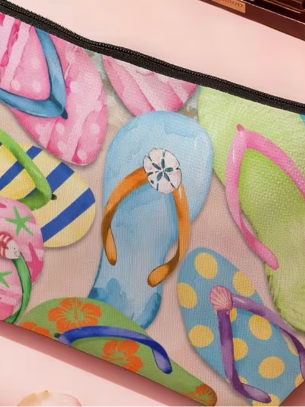 Cosmetic Bag with Colorful Flip-Flop Print - Pink & Blue